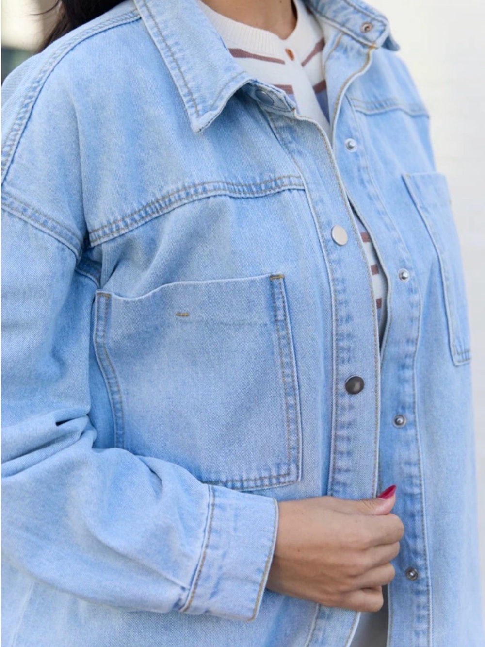 Pink Lily Light Wash Denim Button-Down Shirt - Pale Blue - Picture 2 of 6